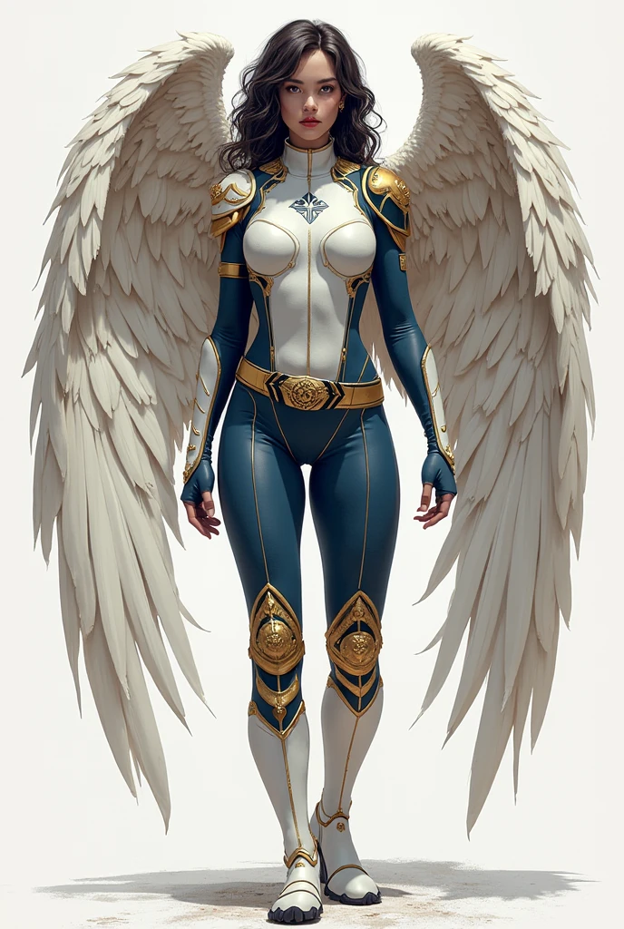 um close up de uma mulher com asas em um fundo cinza, valkyrie style character, angel in plastic armor, linda garota anjo ciborgue, mechanized valkyrie girl, em armadura futurista branca, like a mystical valkyrie, garota anjo cavaleiro, dressed in ethereal battle armor, armadura branca, detailed armadura branca, streamlined armadura branca, novo design de conceito de fantasia, futuristic robot angel