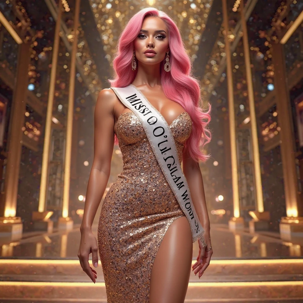 Paris Hilton age 30, small breasts, is dressed in elegant Asian styled silk gown with lots of gold trimmed embroidery. She is doing a slow formal dance in an opulent ball room. Focus on her gown, full body shot