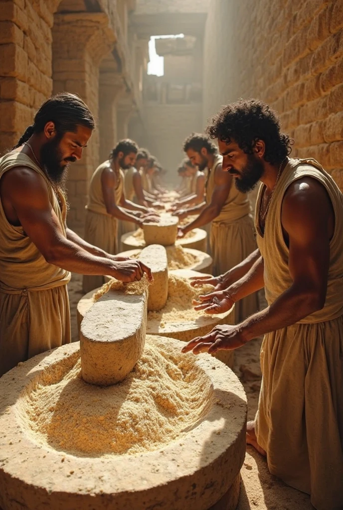 An image of Samson being humiliated by the Philistines, with him in a grain mill, surrounded by laughter and mockery. The atmosphere is dark and oppressive.