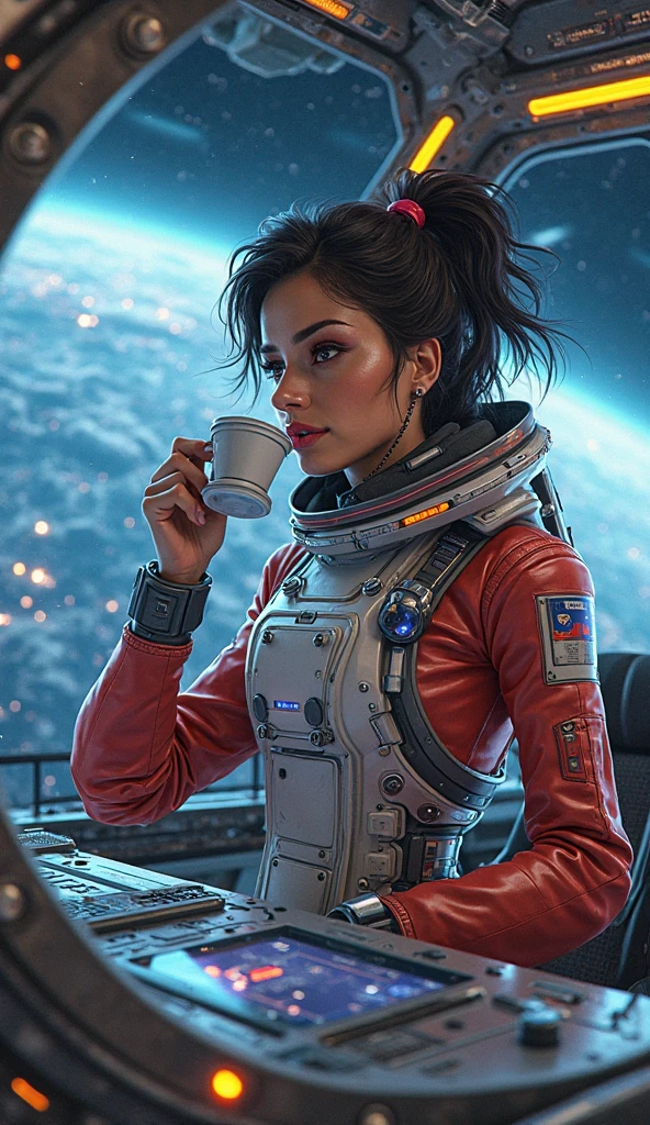 Prompt: (GeGe:1.9), (woman), (brunette), (brown eyes), (freckles:1.5), futuristic girl, brown colored eyes, space, brown hair, long hair, futuristic coffee shop, large breasts