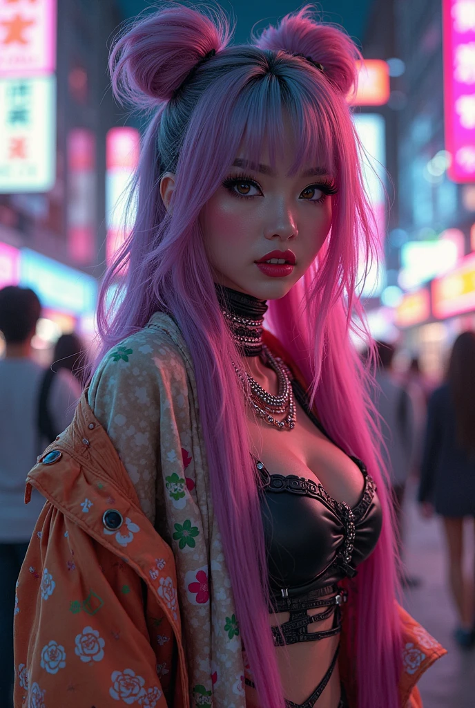 (Realisttic:1.2), analog photo style, Beautiful young woman, posing, long pink hair braided, (cyberpunk dark fantasy atmosphere), soft natural light, cute and sexy, great quality, Masterpiece, detailed strange background, better performance, 16k quality, RAW photo, in a street, cyberpunk street