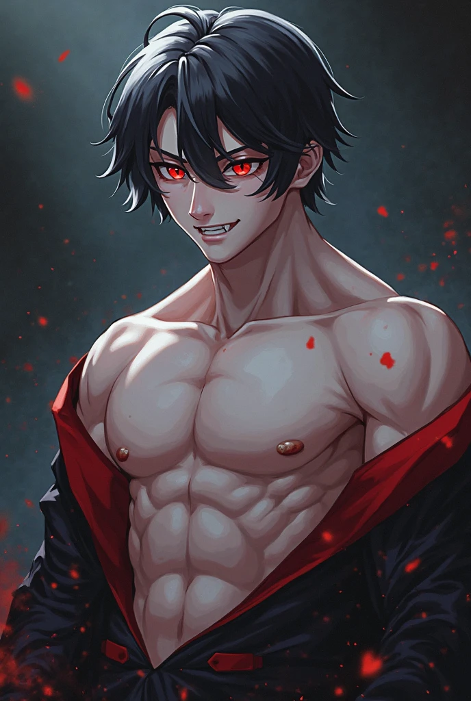 boy black hair, red eyes, serious expression, desk