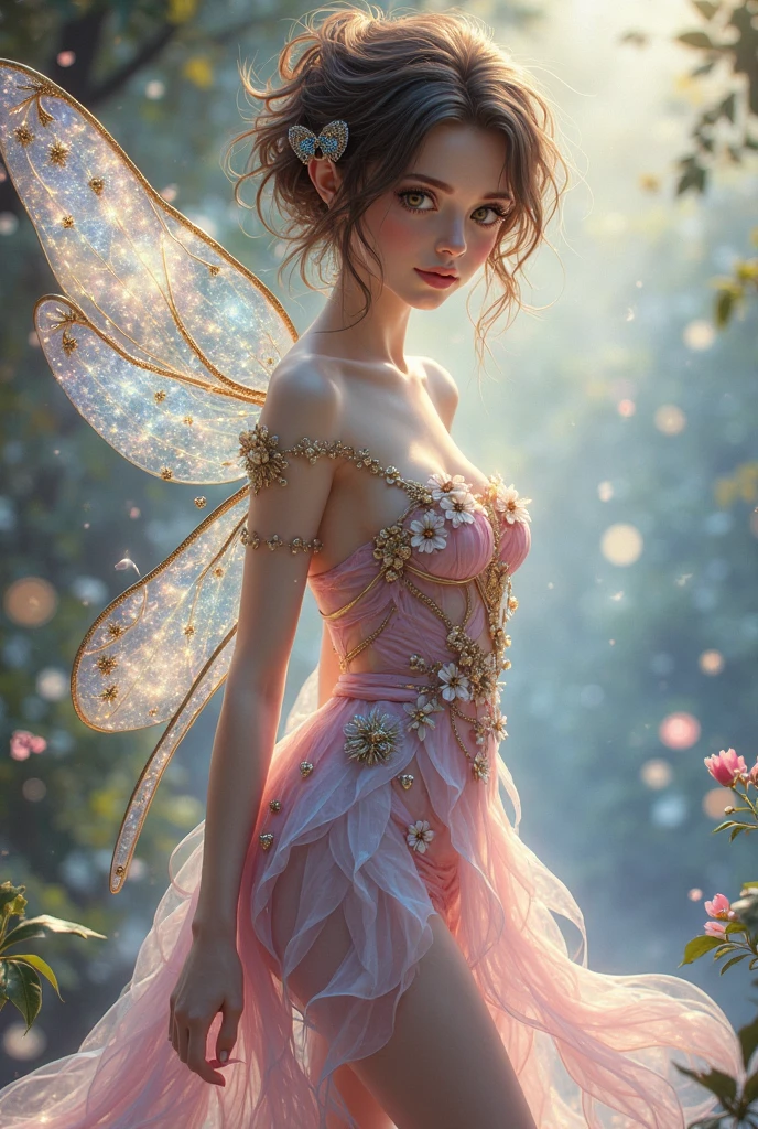 pinkiridescent,Portrait of a pretty fairy, Leaves, Flowers, Petals, Pastel Pink, art nouveau style, floral background, vintage style