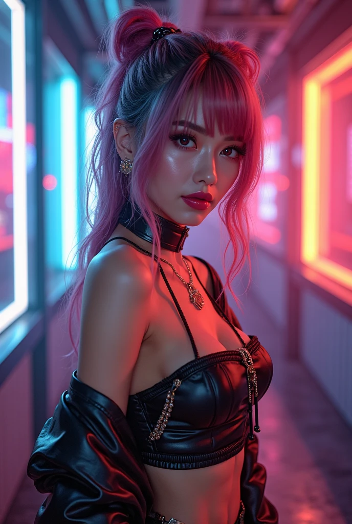 Cyberpunk style Japanese pole dancer。