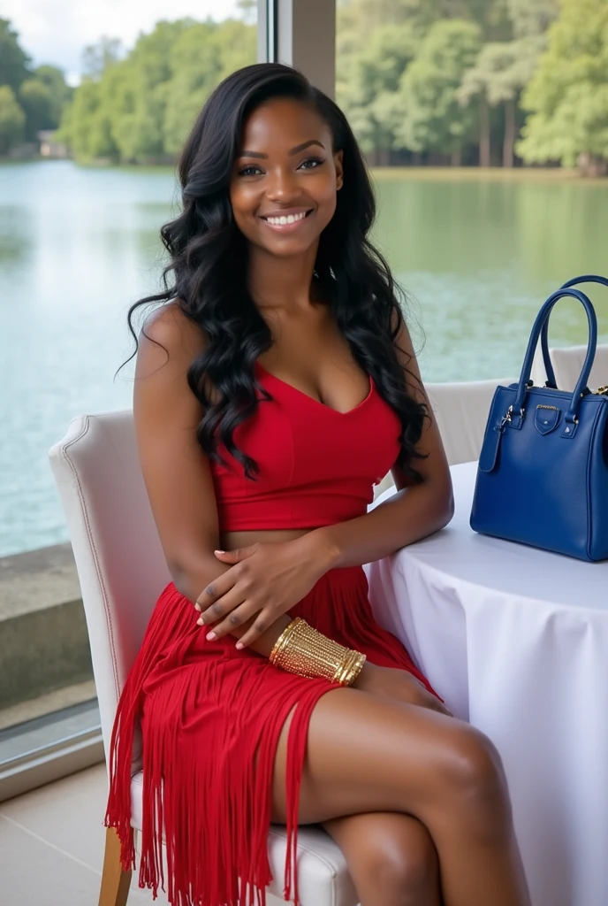 Realistic full body photo of a smiling black woman with long hair, black skin, She dances in front of the camera wearing an A-line dress with straps made of shiny red satin, Park,glamour fotoshooting, Wedding celebration, perfect anatomy, perfect brown eyes. Perfect hands with 5 fingers on each hand, Matching girl, looking at the camera, 1 Frau. (Eye make up:1.1), (highly detailed skin:1.1), spirit, analog style, keen focus, 8K  UHD, dslr, good quality, Fujifilm XT3, Grain, Award-winning, ​masterpiece. Wedding celebration. Sitting on a bench and showing off her beautiful legs. Beautiful shoes