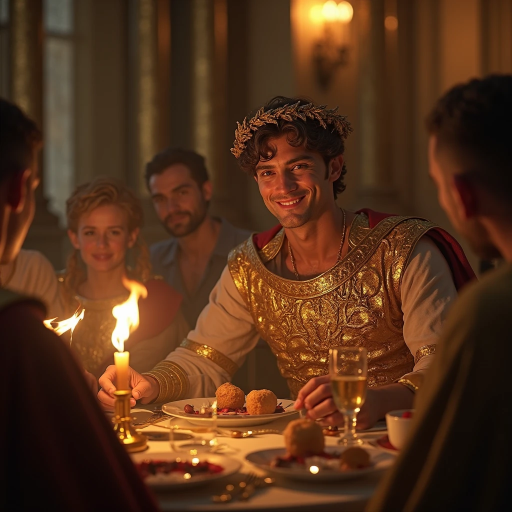 Close-up shot, Low angle shot, (A dark and moody depiction of a Roman feast, where Caligula, “dressed in a richly adorned purple toga with a golden laurel crown”, surrounded by opulence—golden goblets, lavish food, and silk draperies—watches with a sinister smile as his guests partake in excess. The guests, all in luxurious Roman attire, revel in the decadence, but their eyes betray a sense of unease. Caligula’s expression is one of cold detachment, as if the cruelty and madness are just a game to him. The background is filled with rich tapestries, golden statues, and flickering candlelight that casts eerie shadows.) unreal engine, cinematic, hyper-real, highly detailed, Ultra realistic HD --q 2 --v 6.1 --ar 9:16