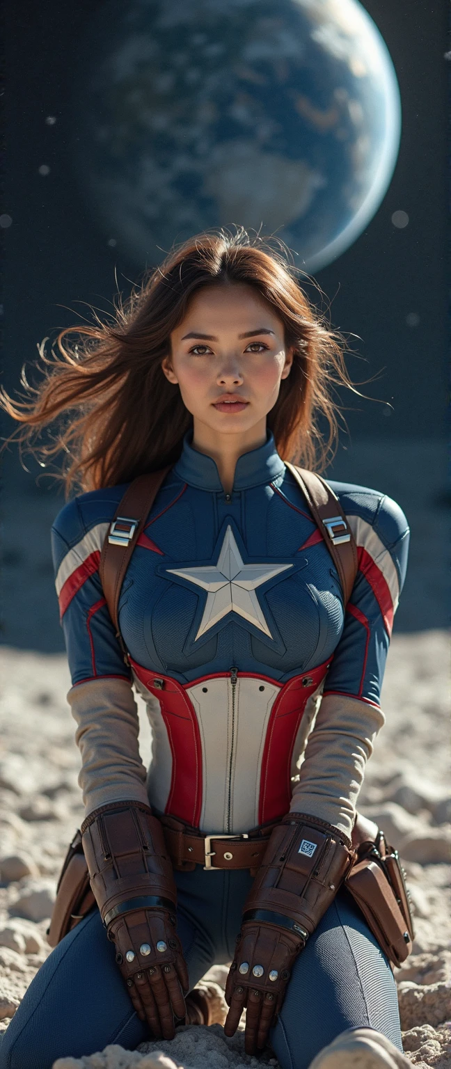 best quality, masterpiece, (realistic:1.2), 1 girl, brown hair, brown eyes, Front, detailed face, beautiful eyes, captain american comic suit
