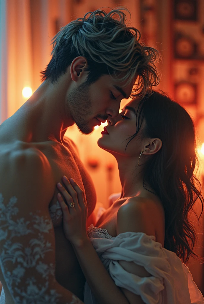creating dynamic poses and long angle shots, a couple standing kissing with their eyes closed,a man lying relaxed with his eyes closed, Yaman pode, 20 year, long brown hair with bun, strong square chin, defined chin, thin moustache, strong muscular physique, tattooed arm and hand, wearing no shirt, wearing only a pair of white men's short shorts. he is holding on to his face kissing a young woman, 20 year, Kennedy Walsh, delicate white skin, freckles, very long silky brown hair with bangs, a usar um sweatshirt branco largo, covered with blanket, hugging him a little. They are in a dark modern room at night with window panes showing the falling snow.