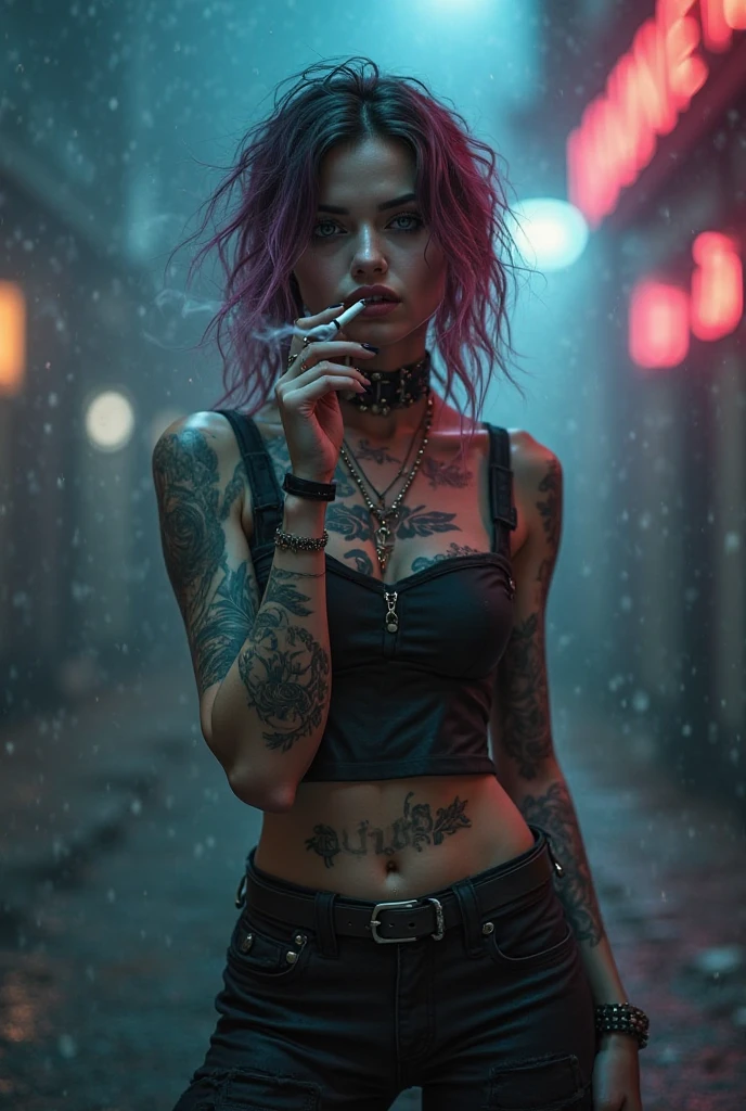 Goth girl,blue short hair,tattooed body,e piercing, wearing a black tank top,and a black skirt, smoking next to a lamppost,the night full of fog