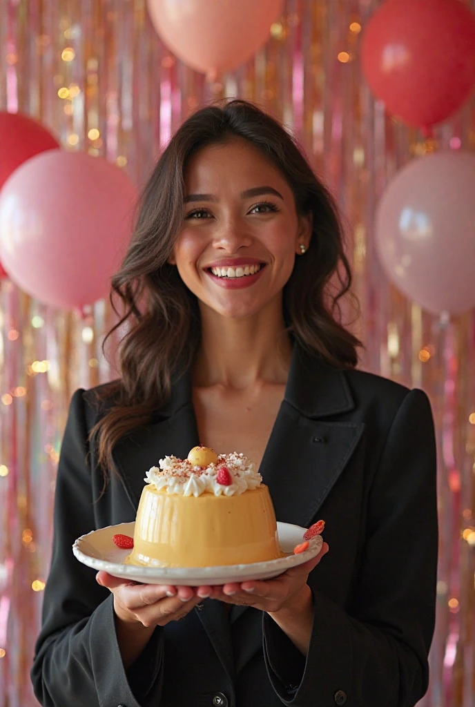  character with long black hair,skin fair,holding a pink box with yellow bow pink dress, background with balloons

