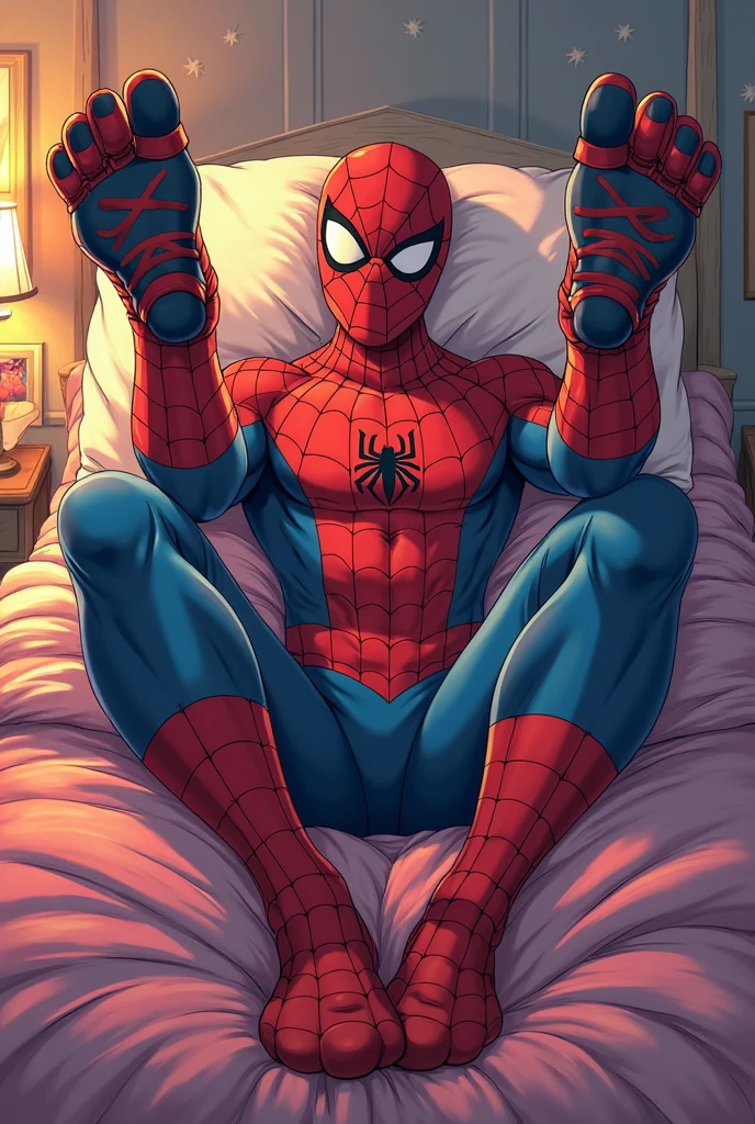 Male Spiderman very wet sweaty white socks laying down on his on bed feet soles showing so very close to the camera