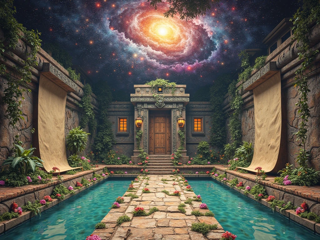 A Mayan temple with the roof of the universe, the floor of water and flowers, the left wall is a party wall, the center wall is a cave, the right wall is parchment, and the fourth wall in the background is an action plan.