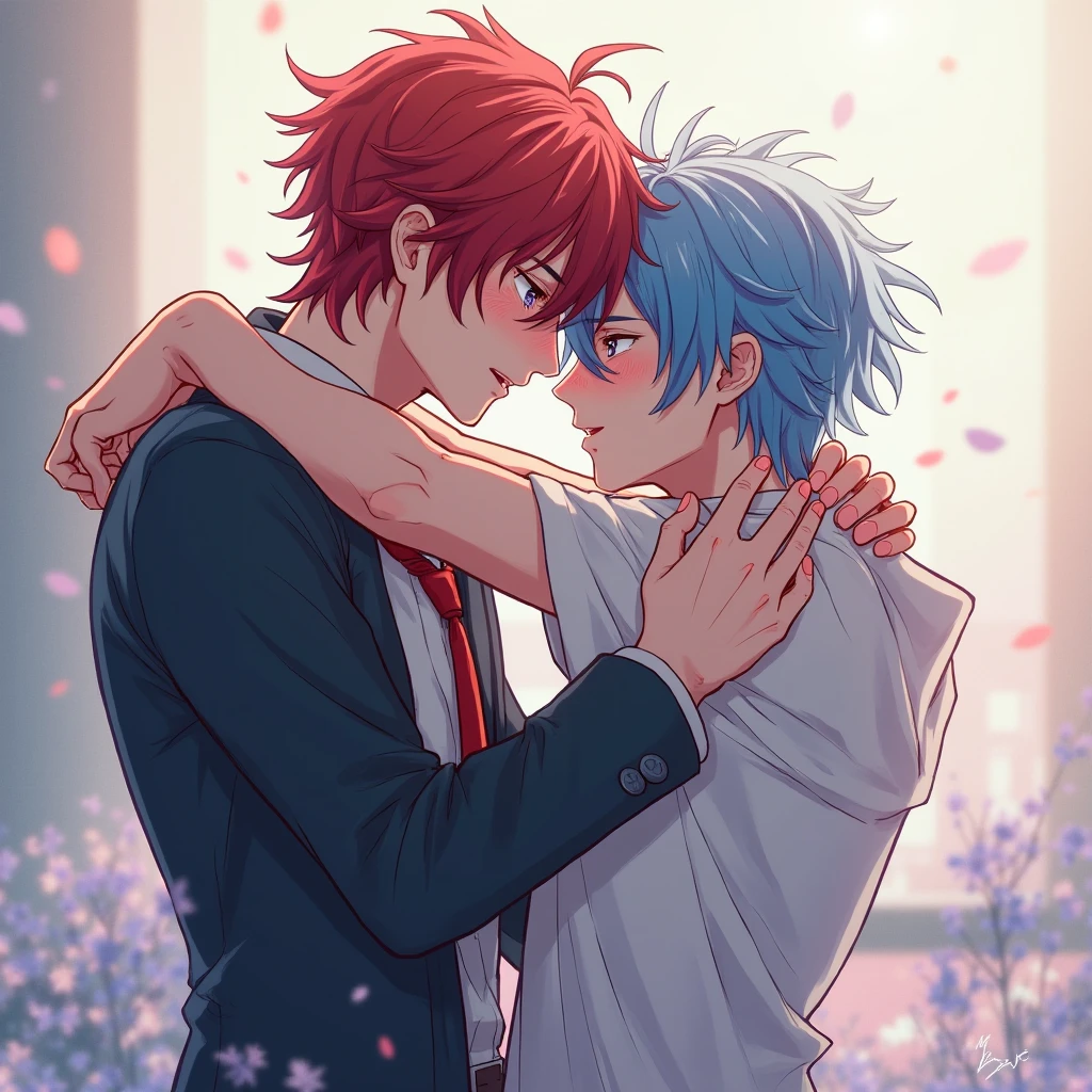 One boy with Red hair red eyes ,another with blue hair and blue eyes , boys hug together and kiss, blush