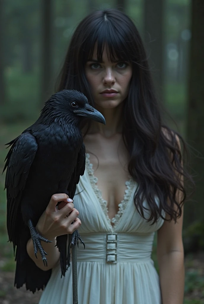 Woman very white,aged 28, very blue eyes, fine nose, long wavy black hair, Full mouth, Bullish, like thin waist, sexy hip, extremely sexy black dress in a forest full of crows