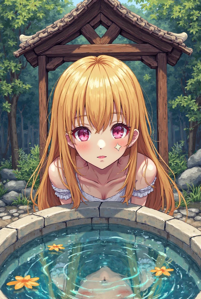 1 girl（masterpiece，top quality，best quality，official art，Beauty and aesthetics：1.2），blonde hair，green eyes，long hair，big sister，tall figure，enchanted，enchanting，Flushed complexion， playful expression while Blushing, super gigantic breasts，Breasts larger than the head, kimono, clogs，Off the shoulders, cleavage，Sitting on the stone steps by the water of a hot spring, thigh exposed.