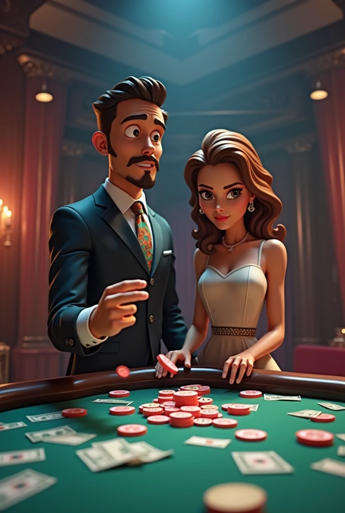 European and American cartoons, art illustrations, poker chip, gloves, elbow gloves, dress, card, black hair, breasts, table, earrings, cleavage, multiple girls, jewelry, 2girls, red hair, black gloves, multiple boys, playing card, red dress, smile, formal, hand on hip, green eyes, holding, indoors, 2boys, grin, jacket<lora:ouka_illustration:1>