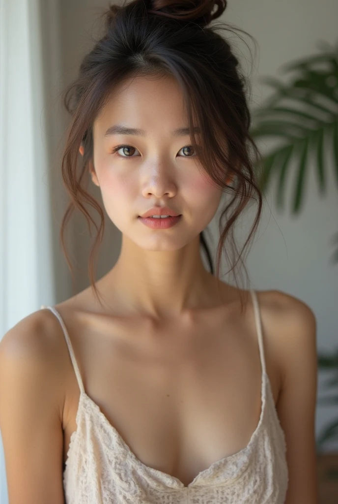 You are a professional gravure photographer.、(((One person,alone))),(Highly realistic photos, High resolution, Detailed face, Beautiful Eyes) Japanese women, 30 years old, Modern beauty standards, Nice body, Isoyama Sayaka,Healthy Body,Thighs、turn over、Depth of written boundary,、Narrow eyes,Light Smile、Bodysuits、Studio shot