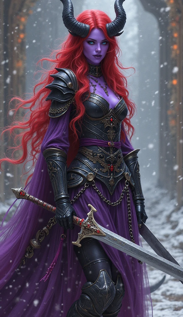 a snowy night war background, create a full body image of a gorgeous woman standing, one foot planted in the snow, another foot on a deceased man's chest, with long extra curly purplr hair and long bangs at the sides of his face, light freckles, sharp features and slanted half-closed glowing light purple eyes wearing a really fancy steampunk suit with straps, her chest area is open, neck-line shown, long black gloves, a frilled neck tie, black pants with black animal furs caping the back and side of his legs and knee-high strapped boots. sHe is holding a longsword, she is currently fighting other men in black armor, holding his sword towards them, other men fighting around her, with red snow at his feet/ boots. He has blood on his clothes. sHe has a long bloody scar going across his cheeks and nose.
