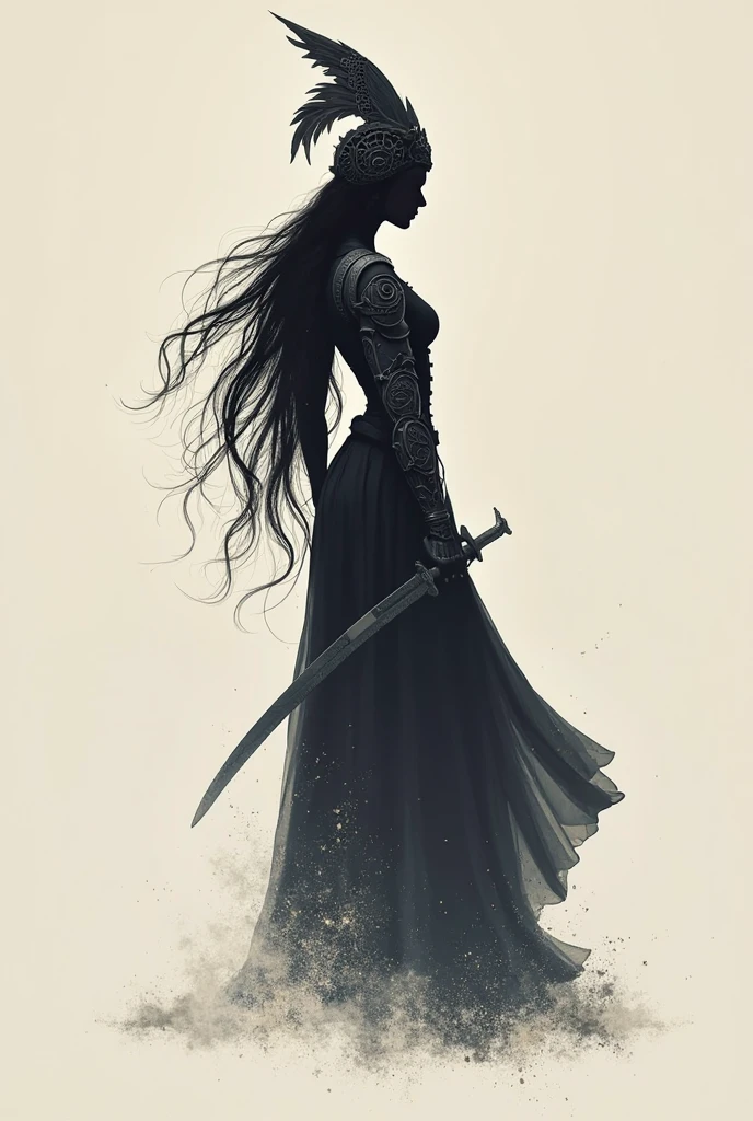 Black shadow image of draupadi in  saree have sword in hands  protecting herself from demons  in one side of the pic and a women sitting and crying in corner in other side of the image 