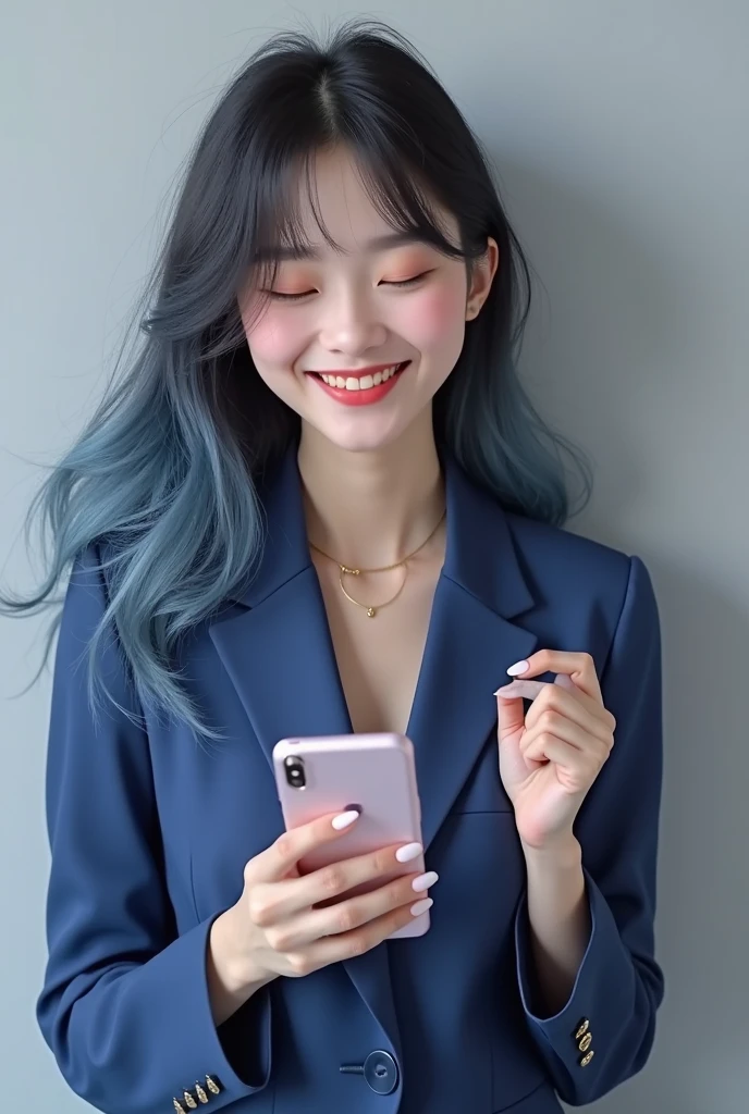 highly detailed, beautiful, hyper Realistic girl, masterpiece, best quality, Depict a mysterious and sophisticated beautiful Japanese gravure model,, 28-years-old, identity hidden, all body shot, / gray arranged hair, small head, Detailed face, cute and Pretty slim face, wide Duck mouth, perfect beautiful Tooth, arranged gray hair, shiny eyes, blue-colored eyes, Realistic skin, Detailed face, / there is a woman sitting on a red chair with a white shirt, Yoshitomo Nara, cute seductive smile, friendly seductive smile, Good young girl, Gorgeous young Korean woman, girl cute-fine-face, Korean Girl, Beautiful Asian Girl, Lovely smile, Beautiful young Korean woman, beautiful Korean women, 2 //// simple white single room, gray frame mirror, complicated background /// takes a selfie in her room using a smartphone in front of a mirror with one hand, standing and fashion model Posing, all body below shot, looking away from the camera,