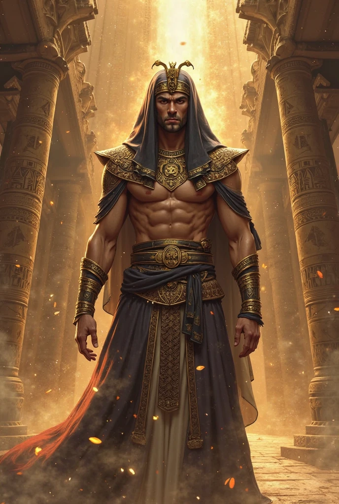 Photorealistic, ((best quality)), ((masterpiece)), (detailed), Egyptian god osiris, masculine portrait of god osiris, personification of osiris, (evil look:1.2), 18-year-old male model, handsome, tall, cute looking, evil look, dark look powerful, young male model, handsome mythical creature, super strong, muscular, fit, massive muscles, six pack, clean shave, blue eyes. (short straight brown hair:1.4), short messy hair, messy wavy hair, shirtless, barechested, muscle, ripped, strong body, fit body, ancient linen eqyptian small skirt, (antique black linen raped cloth skirt:1.3) (Dark background) 8k, high detailed, ultra-detailed, Stylish Pose, real skin texture, dark cinematic lighting, (Emerging from the desert sand:1.4) sand storm, desert dunes, with a threatening attitude.