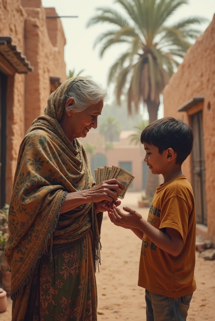 an old lady wearing a saree sitting on a chair
and she is giving money to her grandson