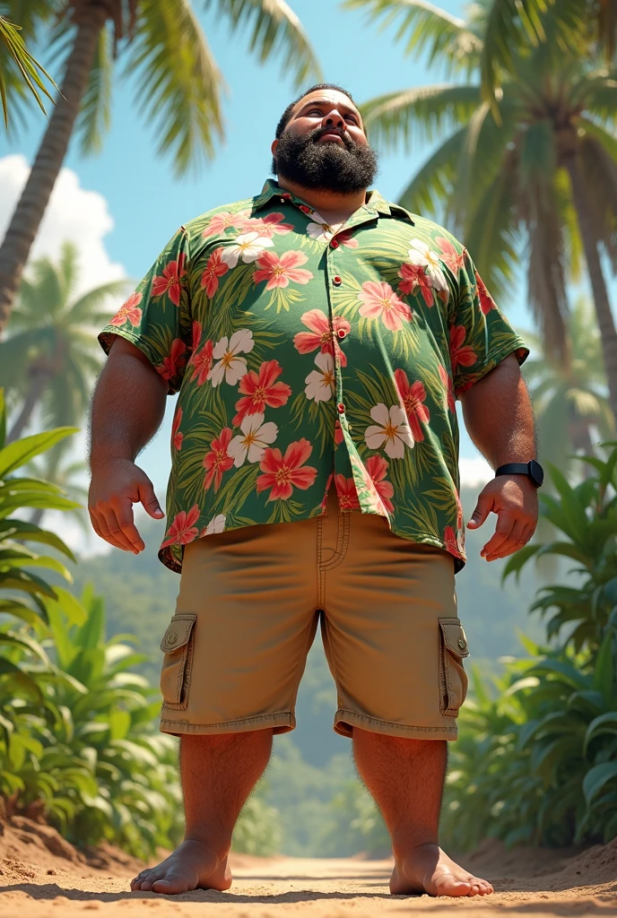 chubby old man in street city, old man, thick arm, huge arm, bearded. white hair and beard, bearded, muscular, pectoral, wide pectoral, beach, palm, realistic, 8k, masterpiece, (wearing shorts and white Hawaiian shirt, shoes)