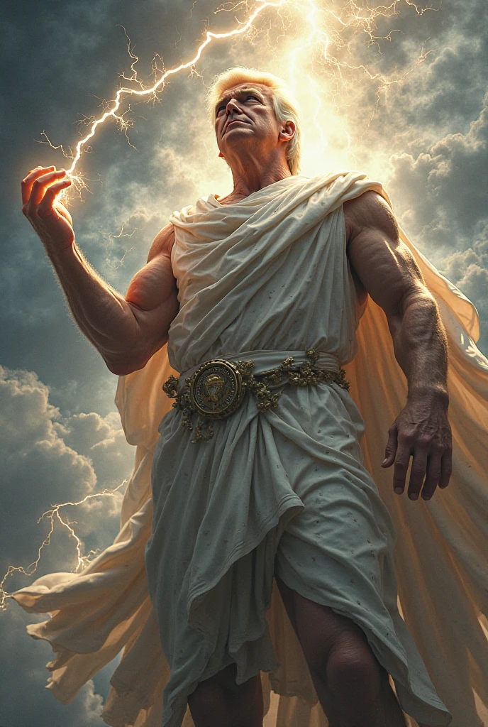 (masterpiece, top quality, best quality, ultra high res, realistic photography, photograph, DSLR Photography), Zeus holding lightning