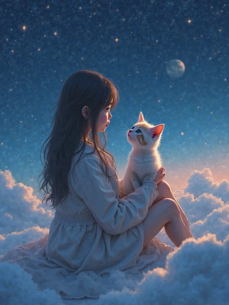 unparalleled masterpiece, ultra realistic 8k CG,masterpiece,pov,(delicate photograph,ultra_detailed,16k),(detailed sunrise scenery, star night,),On a quiet night, a in white tights with a pink bow is holding a tanuki cat and looking at the stars, (detailed skin)