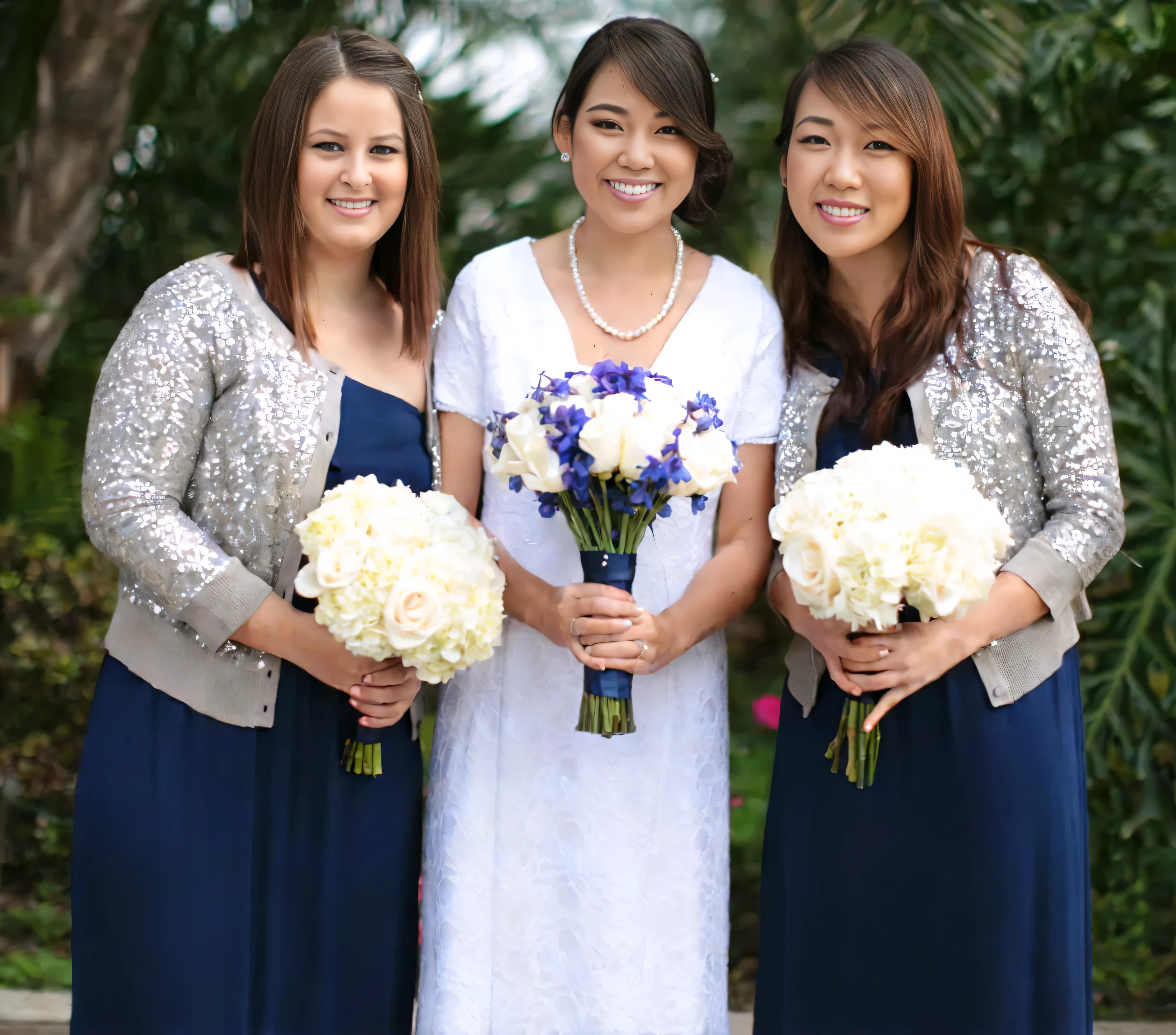 three young girls ((smiling and excited)) in dresses holding bouquets of white and blue flowers, dark blue and white robes, ((PERFECT DETAILED FACIAL FEATURES)), ((PERFECT EXPOSED BARE NSFW YOUNG BODY)), captivating and enticing , (Detailed perfect facial details), (((ultra detailed skin, Lifelike, 4k hd, DSLR, lifelike, masterpiece, natural lifelike perfect color, perfect clear lighting, breathtaking lifelike details, perfect anatomy, super detailed skin, beautiful face ultra-detailed hyper detailed face、Detailed lips、A detailed eyes, (realistic, photorealistic, photo-realistic:1.37) (Realistic), (RAW Photography), ((best quality)), (Detailed perfect facial details), ((((hyper real photo, hyperrealistic, hyperrealistic picture)) , perfect anatomy, super detailed skin, (((ultra detailed skin, Lifelike, 4k hd, DSLR, lifelike, masterpiece, natural lifelike perfect color, perfect clear lighting, breathtaking lifelike details, wedding portrait posing