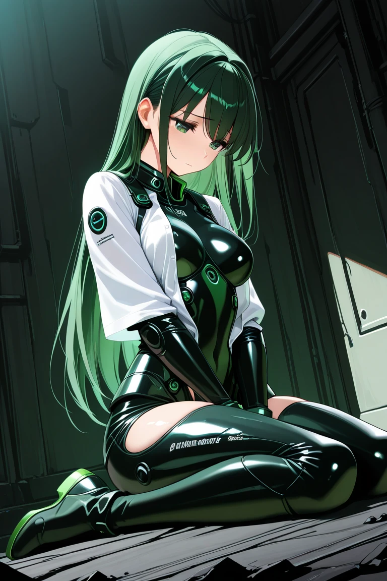 ((masterpiece,Highest quality:1.3)),cowboy shot,1woman,30 year old beauty,Investigator、solo,(very small head:1.3),green hair,(low ponytail),long hair,blunt bangs,green eyes,gorgeous eyes,shy,Heavy breathing、medium breasts,(very long body:1.2),(toned body,slender body,skinny),gleaming skin,shiny skin,(Black leather high leg bodysuit、Green Line、Long sleeve,Micro Shorts),barefoot、(Black leather combat boots)、Wet crotch、squatting,incontinence、peeing,Dark back alley、Metropolis、cyber punk、World of Blade Runner、
