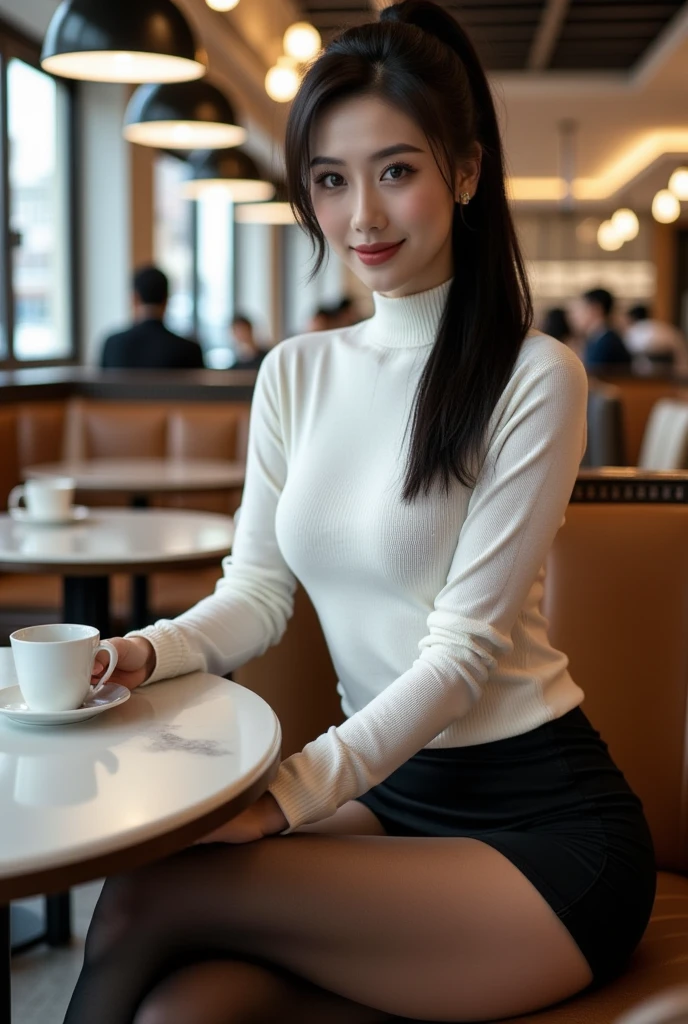 芝生の上に座ってDrinking coffee1人の女性がいます, At the coffee shop, sitting in a cafe, sitting in a cafe alone, Drinking coffee, Drink coffee, Mysterious Coffee Shop Girl, (((in white turtleneck shirt,Short skirt、Tight Skirt))), At the coffee shopコーヒーを楽しむ, Japanese Girls, 8k)), Sitting alone in a café, Drink bubble tea、(black tights、thin fabric tights,20 denier tights:1.2)、(Clothing that accentuates the contours of the body,Mid-chest:1.4)、Low ponytail、big breasts、(Beautiful legs、Sexy Legs、Long legs)