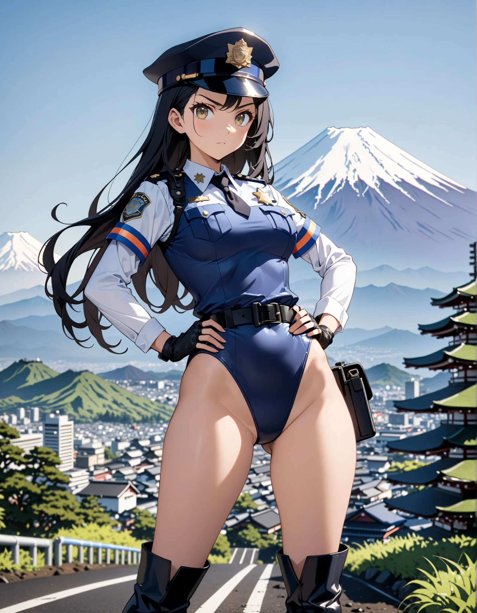 (masterpiece), (best quality), (high res),1girl, tall body, ((long hair, jet black hair)), (hazel eyes) beautiful detailed eyes, beautiful detailed face, cute face, perfect hands, complete fingers, perfect anatomy, perfect proportions, ((hat, black police hat)), ((leotard, matching leotard, bare legs)), ((boots, matching boots)), breasts, medium breasts, fingerless gloves, (full body portrait), looking at viewer, solo, solo focus, standing, police uniform, cowboy shot, mount fuji backdrop, outdoors, (belt, tight belt), (armbands, white sleeves), one hand on hip, serious, full body costume design.