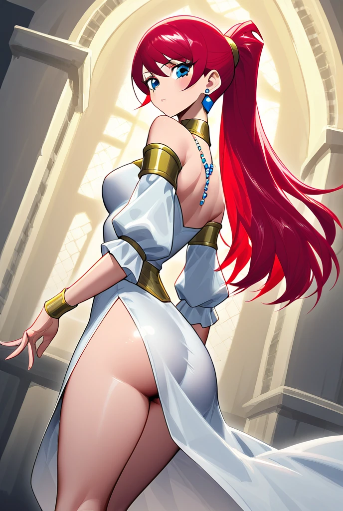 score_9,score_8_up,score_7_up,score_6_up,source_anime,anime screencap,indoors,castle,bloom,bokeh,<lora:Pony_Lily_v1_XL:0.8>,tlwy,full body,looking at viewer,hands on hip,gold lined turtleneck,leotard,detached sleeves,highleg,high heels,anklet,white footwear,small breasts,flat chest,covered nipples,covered navel,bare shoulders,cameltoe,covered nipples,