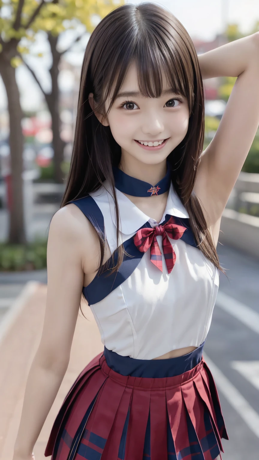 Highest quality, masterpiece, Ultra-high resolution,8k,((Dynamic Shadows)), (Realistic:1.6), Dark Room,(Smiling portrait:1.4) RAW Photos,(((UNIQLO Bra Top))),((Pleated mini skirt)),((Nipples seem to be visible)),((Full body photo)),1 person,Omotesando,A slender adult 26-year-old woman,(Full of smiles, )) ,((Ponytail and Hair Tie)),((Ribbon in hair)),((Looking up at the audience)),Face Focus:1.4,((Shooting from above with a fisheye lens:1.2)),