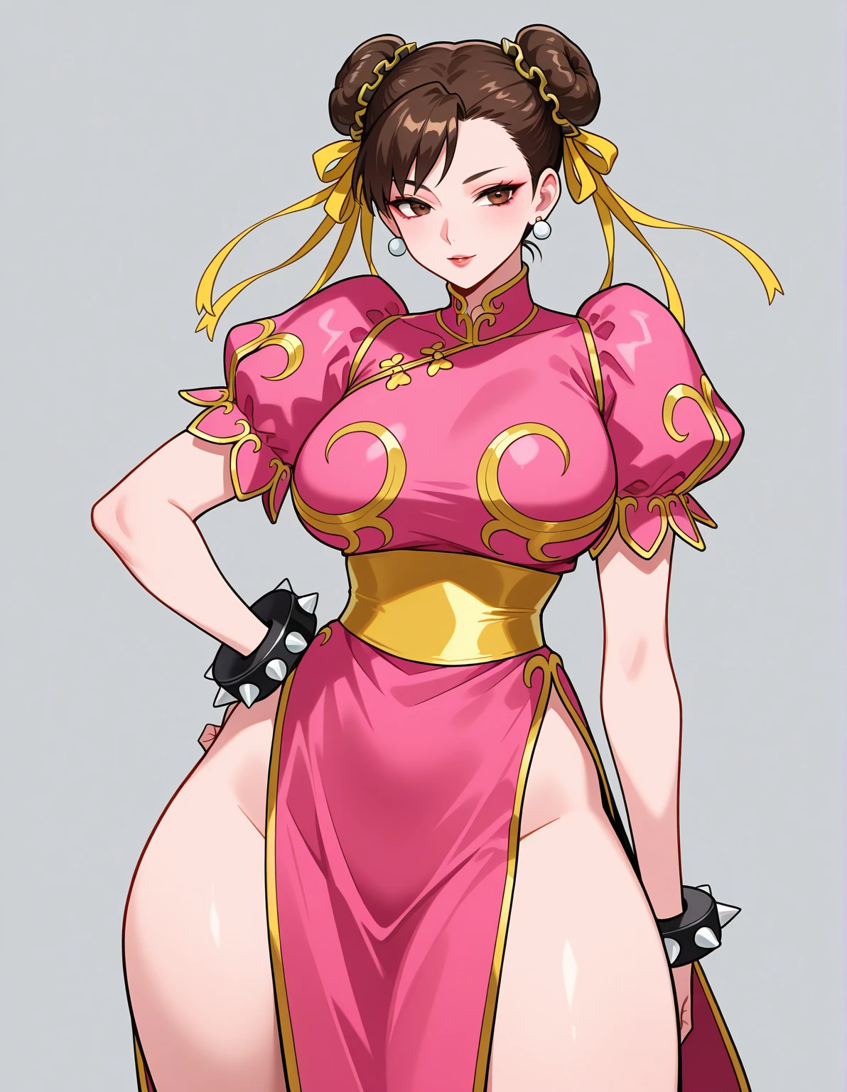 Voluptuous, Thick thighs, big butt, squatting, chubby, Chun li wearing a pink leotard, high heels and a choker, hands behind head