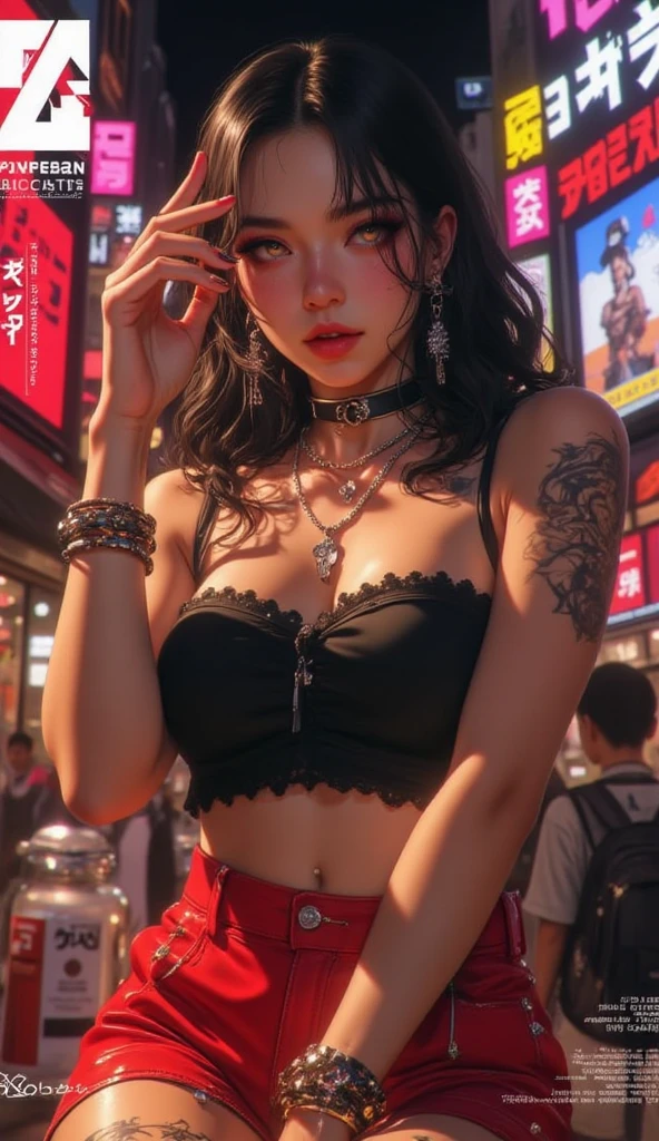 beautyful mature japanese woman, slim body, slender body, black bra, big long fringe black hair, black lipstick, pink jacket, black chocker, milf, tattooed, black tattoos, black pants