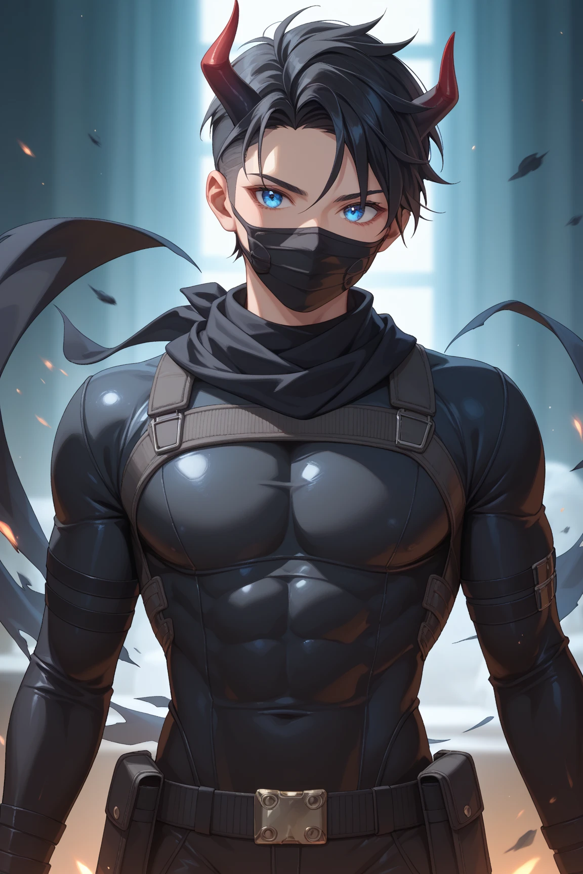 (((masterpiece; best quality: 1.2))), (finely detailed eyes: 1.3), (25 year old man), (solo), (black eyes: 1.4), (body; toned, fit, masculine: 1.3), (very short black hair: 1.3), (beautiful and clear background: 1.2), ((depth of field)), (equipment: black ninja garb + modest: 1.3), (anime illustration: 1.2), (background composition; japanese mansion exterior: 1.1), (extremely fine and handsome: 1.1), (shot composition; standing + centered on torso + close-up: 1.5), (expression; calm, stoic: 1.2)