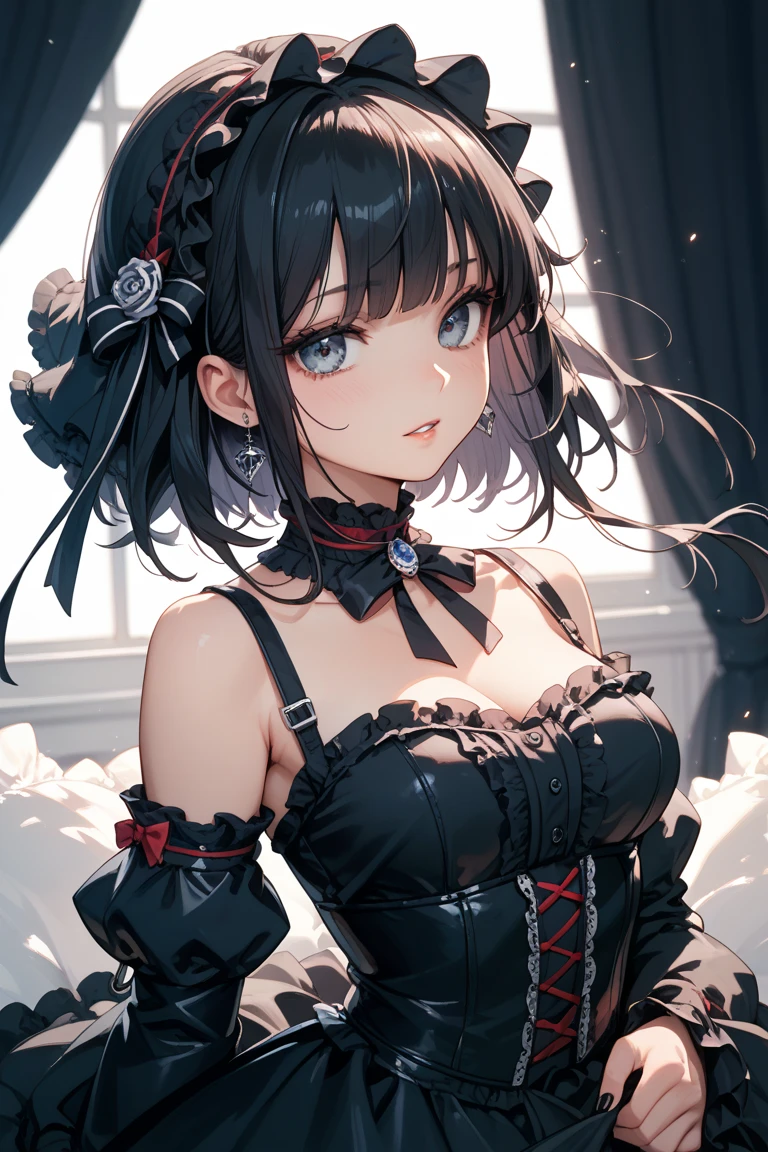(((Masterpiece))), (portrait), diffused light, dynamic shadows, sharp focus, realistic, detailed, highres, absurdres, anatomically correct, seductive face, white background, torn clothes, looking to the side, black choker, belly button, medium breast