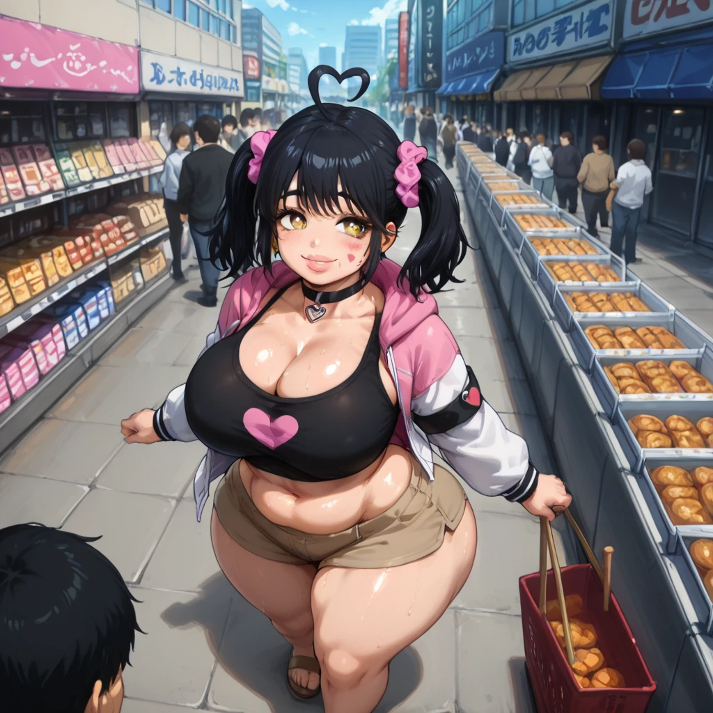 sexy woman, mature, milf, huge breasts, large breasts, curvy, voluptuous, completely nude, nude, pussy, nipples, black hair, brown eyes, curly ponytail, red cap, grin, standing, solo focus, street, food stall, outdoors