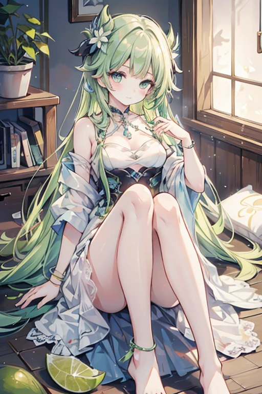 8K, Highly detailed, high res, (masterpiece), perfect face, 1girl, anime girl, light green hair, side ponytail, orange eyes, transparent white glossy skin, wide smile, slanted eyes, cream frilly dress, looking at viewer, dynamic pose, crown hairpin, detailed hair strands, full body view, blurry background, flower gems bracelet, nsfw, volumetric lighting, shallow depth of field, lovely large breast, heart gem necklace, detailed fingers, bed