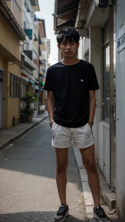 A tanned 11-year-old Japanese boy modeling for a full-body photo shoot in shorts during summer vacation