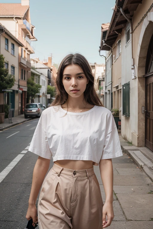 top-quality、masterpiece、超A high resolution、(realisitic:1.4)、Beautuful Women1、Beautiful detail eyes and skin、smile、Light brown middle-cut hair, She is Wearing a long t-shirt, gorgeous model, photo of slim girl model, IG-Modell, beautiful female model, in the paris, women's trousers, 90's, fashion 90's, red hair, blue eyes,