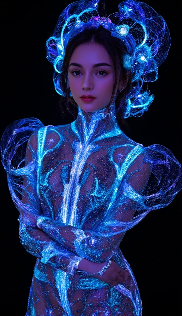 masterpiece, best quality,highres, 1girl, tall, perfect stature, liuli, bangs, chromatic dispersion, tansparent_plastic, Polychromatic prism effect, iridescence/opalescence, glowing colors, aluminum foil, Glowing ambiance,, moonlight, stars in the eyes, butterfly style, iridescence, coloured glaze, Polychromatic prism effect, rainbowcore, iridescence/opalescence, see_through, aluminum foil, glowing ambiance, beautiful dress