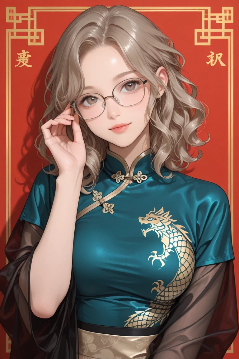 8k, masterpiece, best quality, highly detailed, 1 girl, tiefling, warlock, multicolored hair, very short straight hair green highlight hair on white hair, strippled hair, wearing glasses, round glasses, earrings, red eyeshadow, long eyelashes,navel piercing, blushed cheek, necklace, collarbone, mole, glamorous, purple and teal clothing, villainy, smirk, seductive face, close up view, rings, looking at viewer, demon horns, solo, chinese dress, ballroom, palace, blue pale moon, sitting,