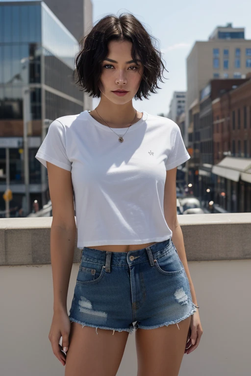 real girl, short hair, black hair, in front of a brown door, facing the camera, has black eyes, wearing white basic t-shirt, blue jeans,