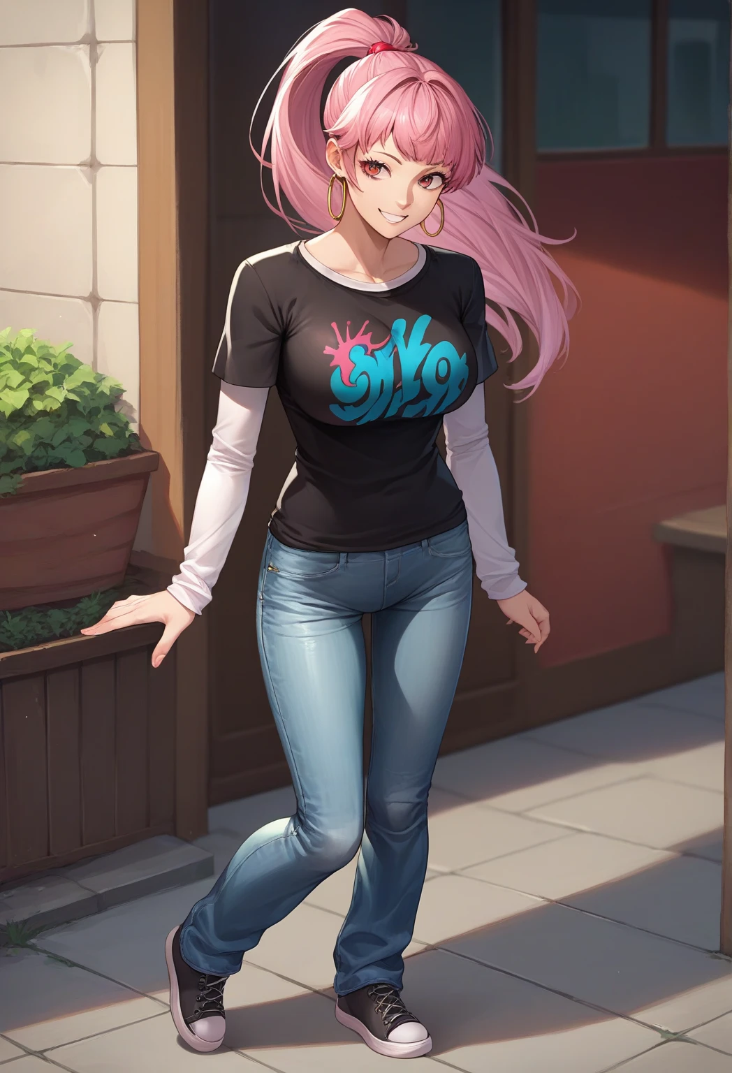 Nazuna_Hiwatashi, furry, furry female, White skin, ears, tail, smile, red eye, outside, pinkies Hair, multi-colored hair, wear a black tank top, short denim, by gudlmok99, by kikurage, medium breasts, playful posing, alone:1.2, Cherry blossoms in the background
