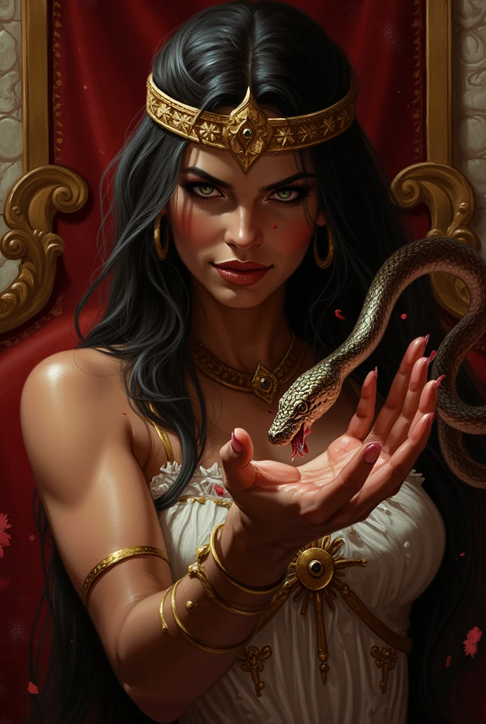 Undead Cleopatra on her knees, forced oral sex, (oral rape:1.3), Sexual violence, hand on her head, holds her by the hair, (traces of beatings on her body:1.2), torn clothes, Sexual slavery, hellish torment, demon pissing on her face