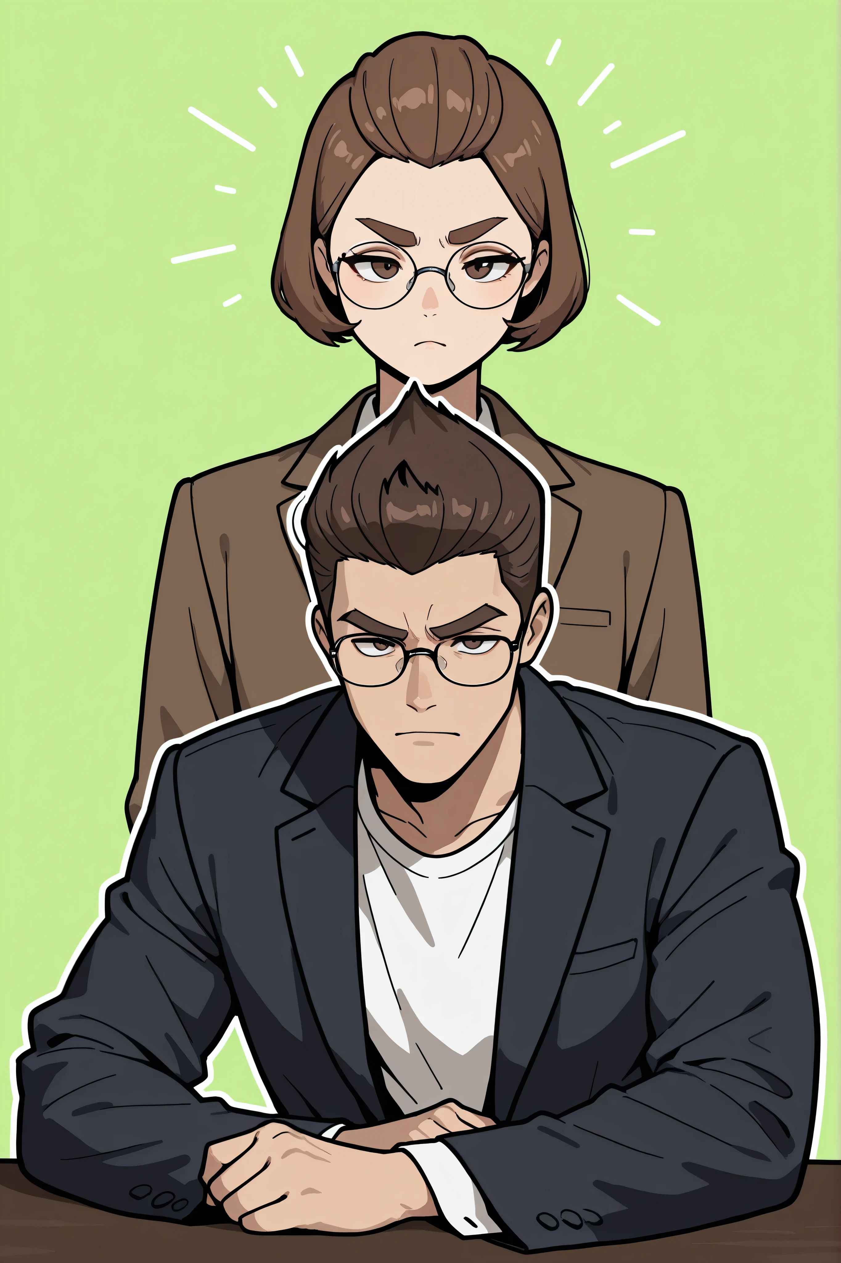 (best quality:1.1), (ultra-detailed), best illustration, (portrait:1.1), (cartoon drawing), oung man, (((boy))), alone, (medium quiff brown hair), (brown eyes with detailed prescription glasses with a black frame), (brown eyebrows), (wearing a shirt and a jacket), (Seated with arms resting on the table, frontal pose, Encouraged, determined expression), (simple background:1.2), full colorful background, bright, 4K.