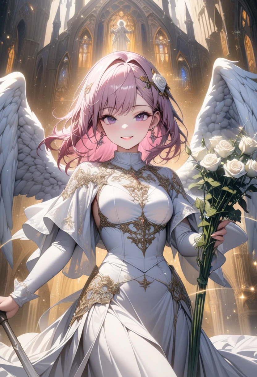 A light golden haired female angel with hazel eyes and white feathers with golden feathers is hugging a pink haired queen with violet eyes with an hourglass figure and short hair in a library in nice ballgowns